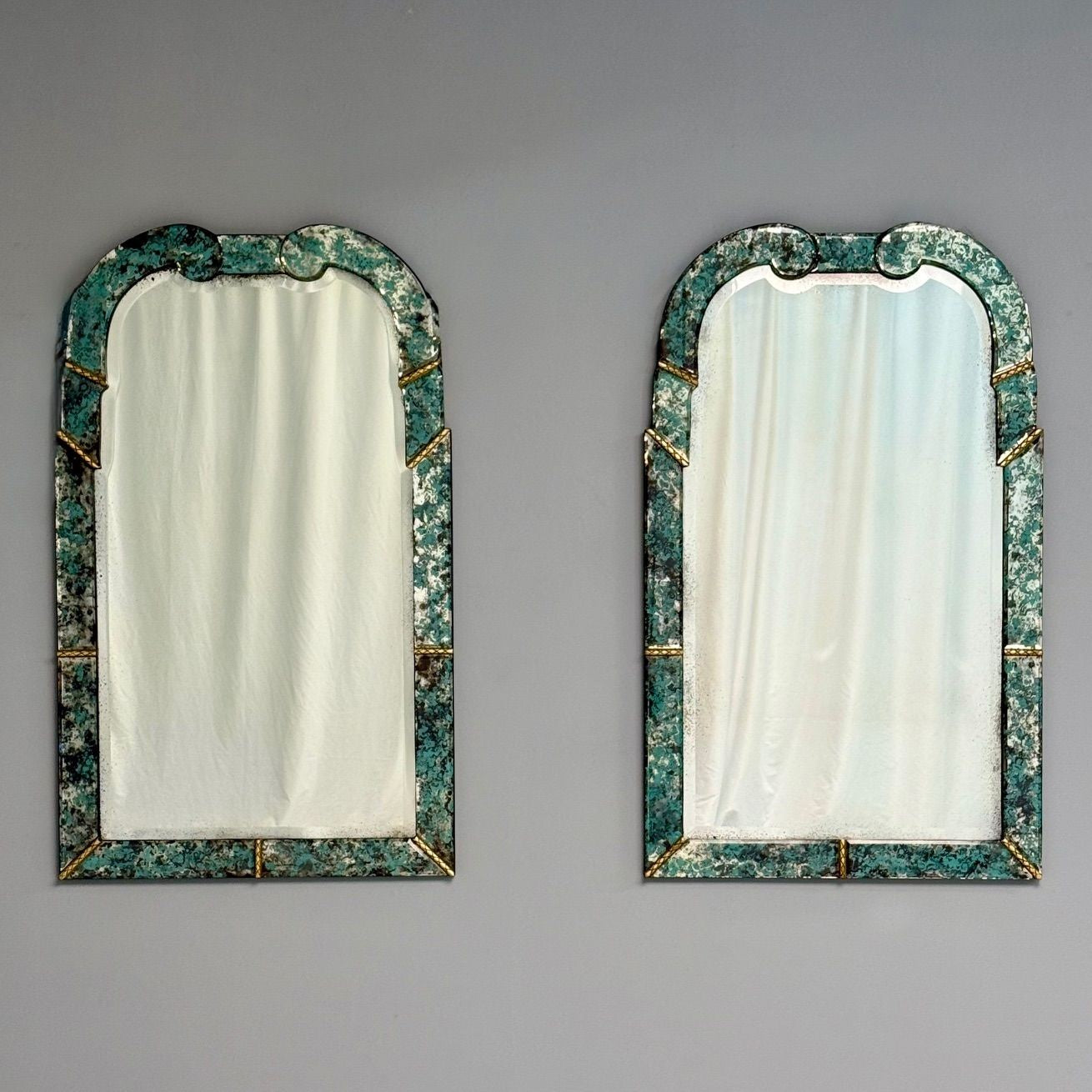 Art Deco Style, Venetian Wall Mirrors, Green Antiqued Beveled Glass, 21st C.