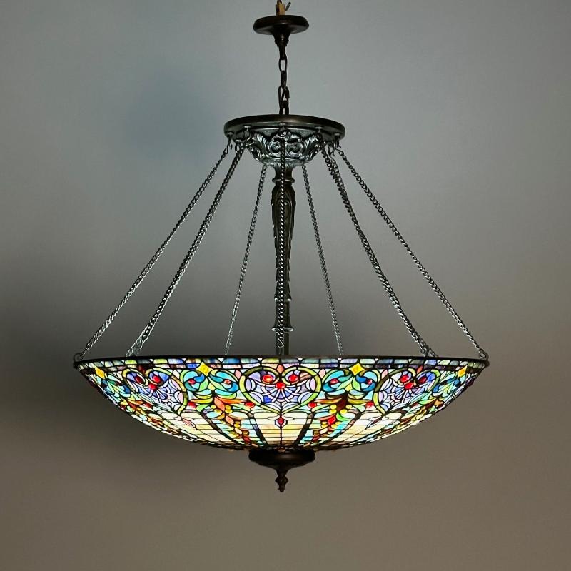 Quoizel, Tiffany Style, Bowl Chandelier, Resin, Art Glass, Bronze, 2010s