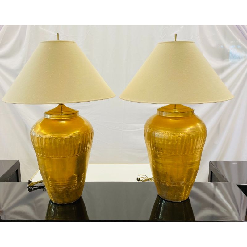 Palatial Pair of Gilt Metal Urn Form Table Lamps, Hollywood Regency