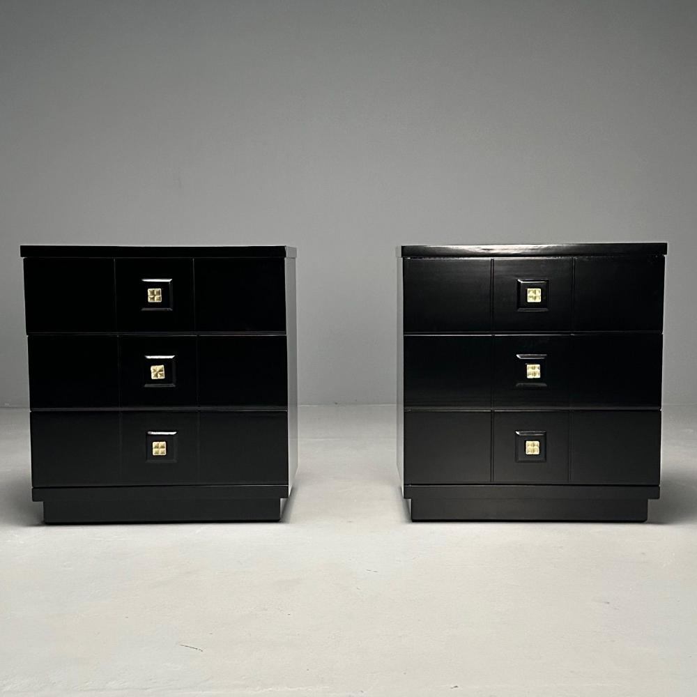 Mid-Century Modern, Nightstands, Chests, Black Lacquer, Brass, USA, 1970s