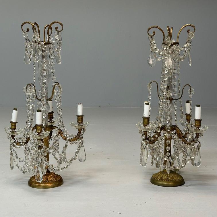 Louis XVI Style, Candelabras, Gilt Bronze, Crystal, France, 1930s