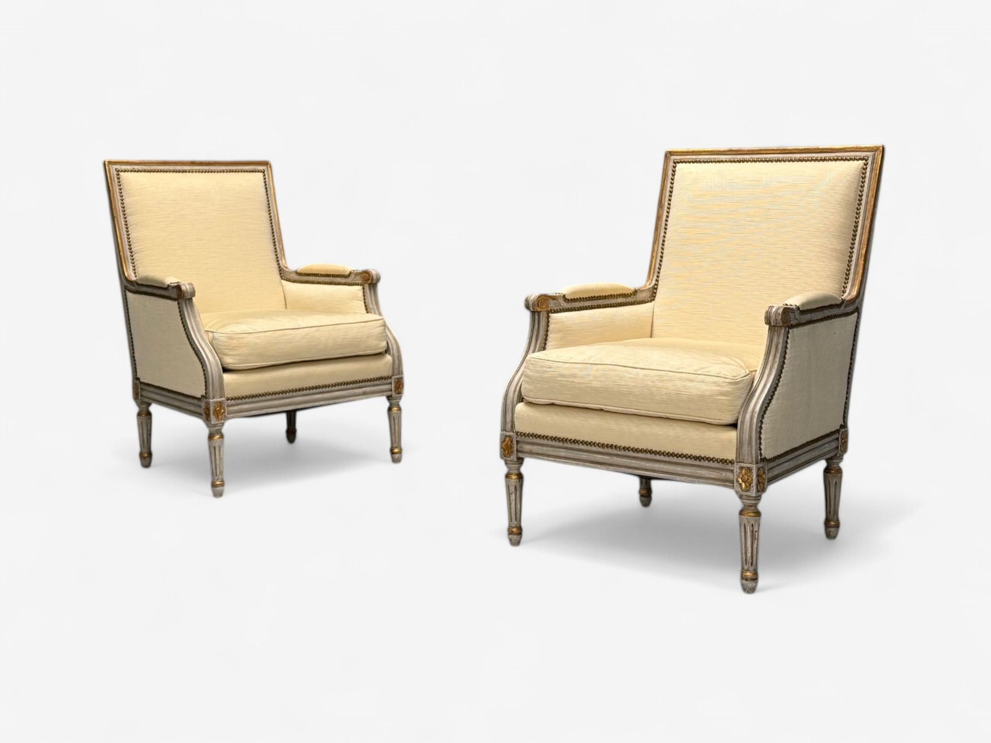 Gustavian, Louis XVI Style, Lounge Chairs, Grey Painted Wood, Fabric, 1940s