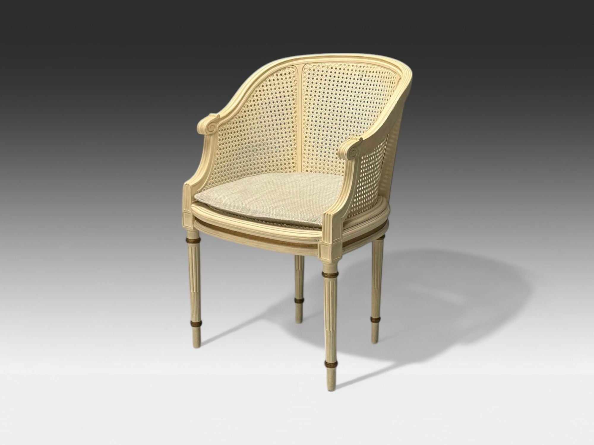 Louis XVI Style, Barrel Back Occasional Chair, Cream Painted Wood, Cane, 1960s