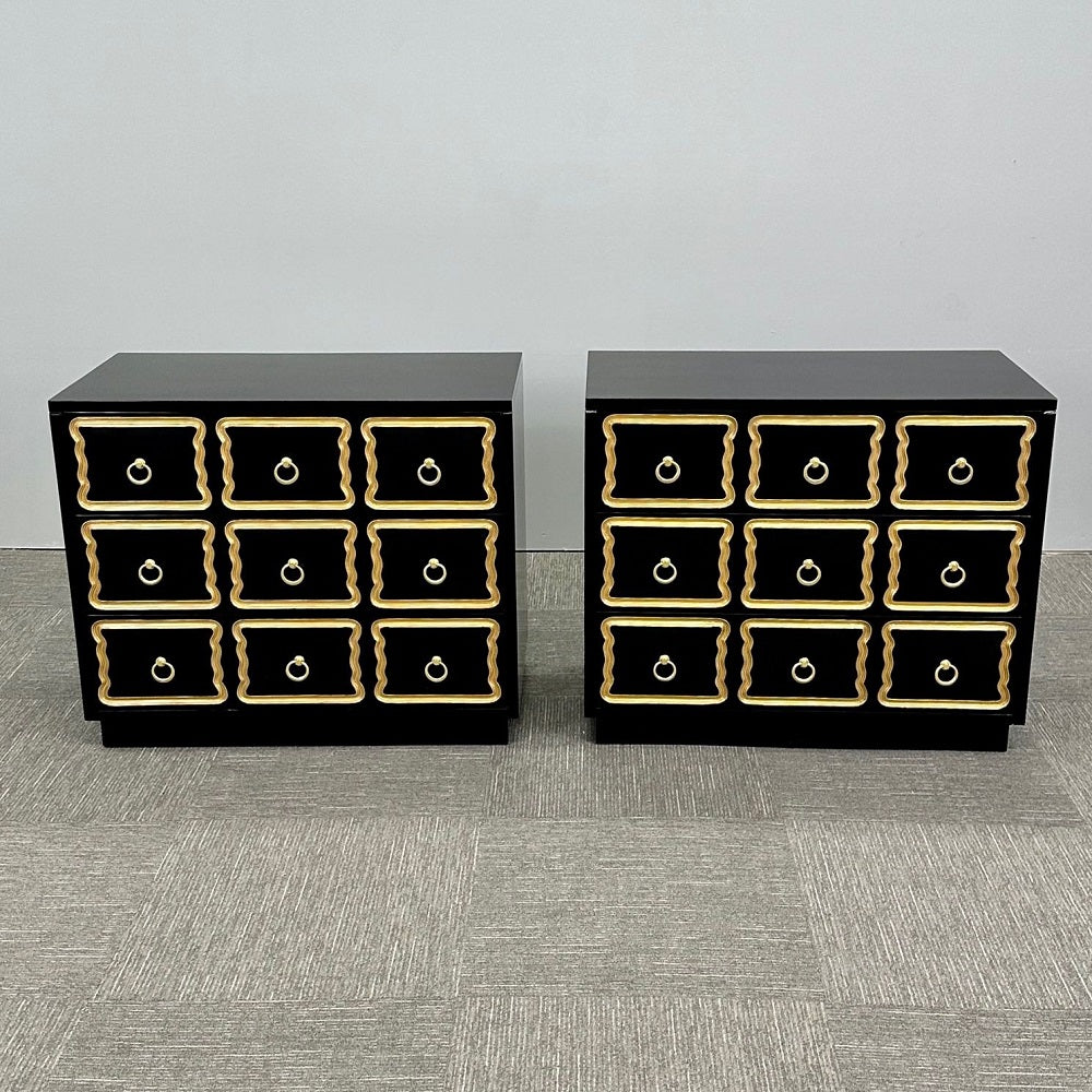 Dorothy Draper Style, Hollywood Regency, Commodes, Black Lacquer, Gilt, Brass