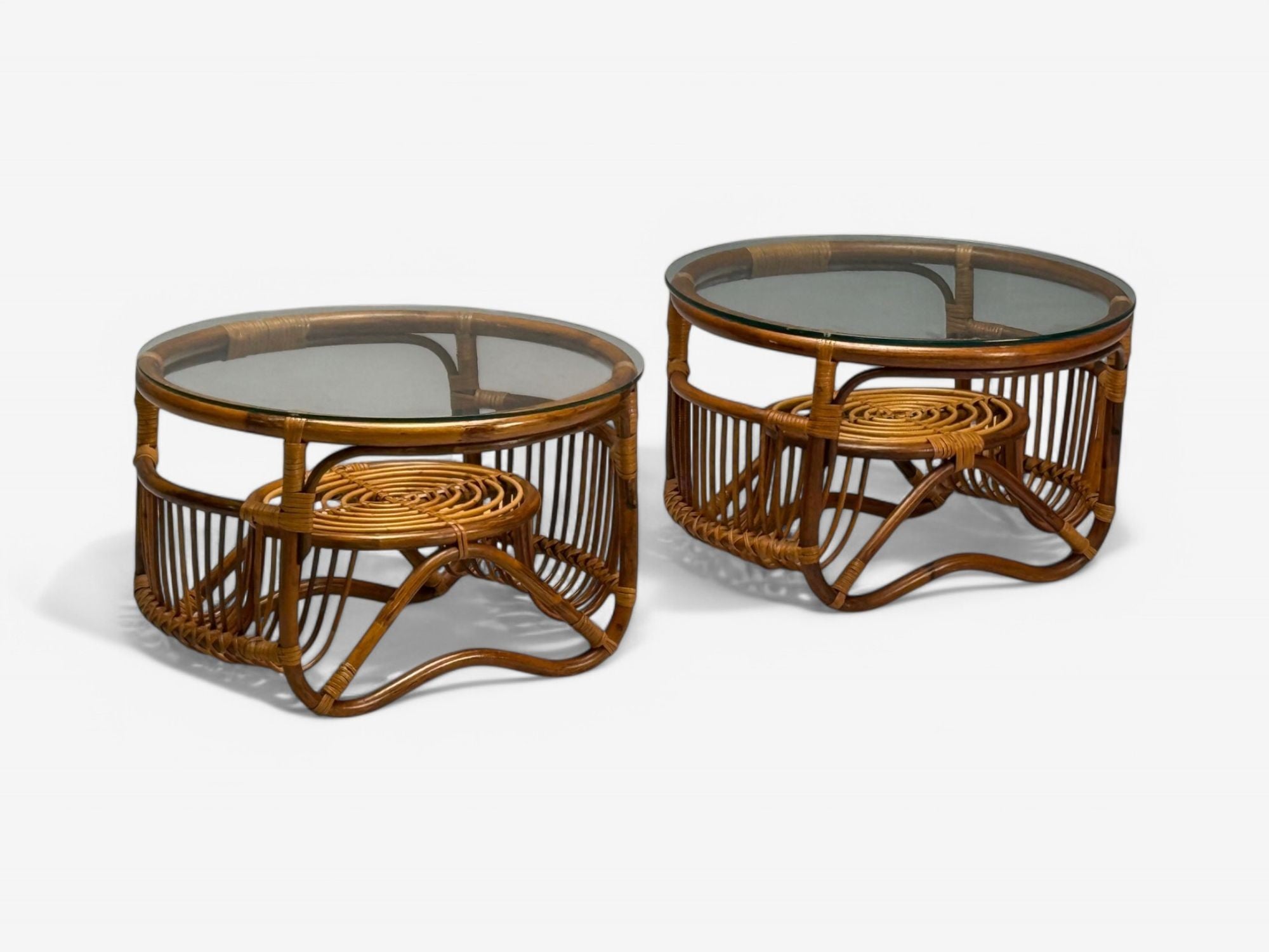 Franco Albini Style, Italian Mid-Century Modern, Side Tables, Bamboo, Rattan