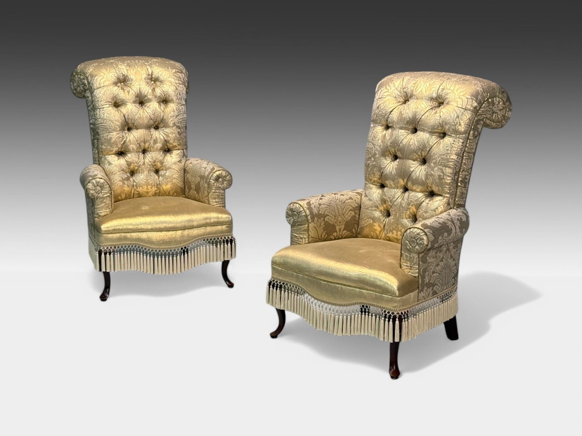 Victorian Style, Large Armchairs, Silk Fabric, Stained Wood, USA, 20th C.