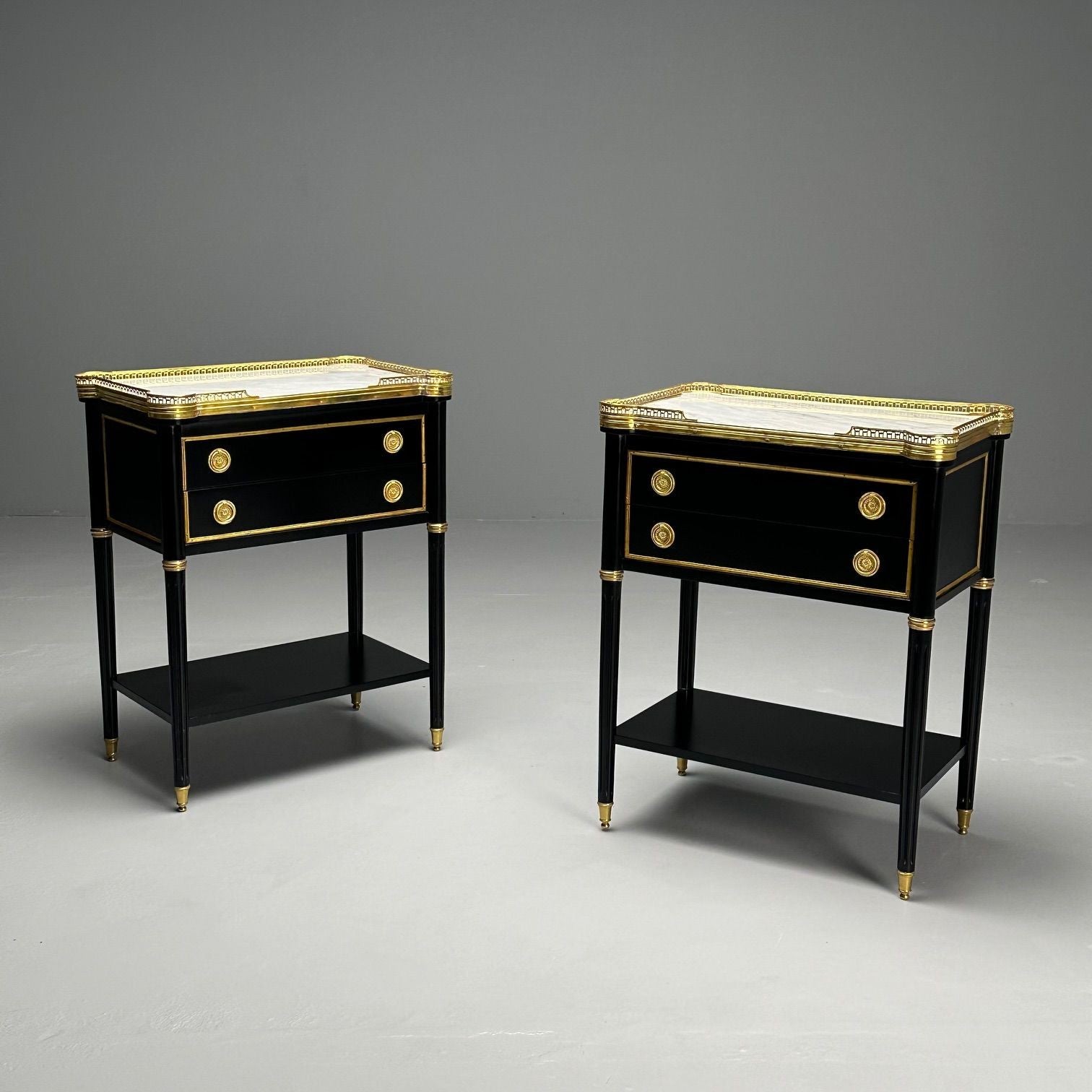 Maison Jansen Style, Hollywood Regency, Nightstands, Painted Wood, Marble, Brass