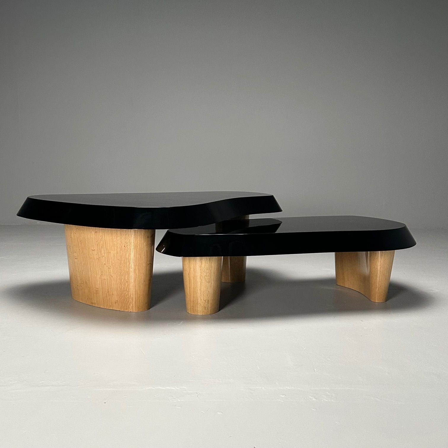 Contemporary, Organic Modern, Nesting Coffee Tables, Black Lacquer, Oak, 21st C.