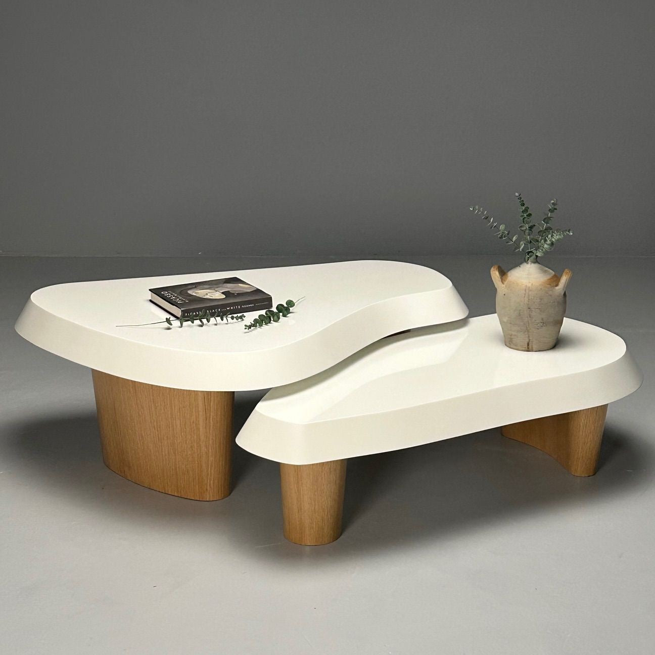 Contemporary, Organic Modern, Nesting Coffee Tables, White Lacquer, Oak, 21st C.