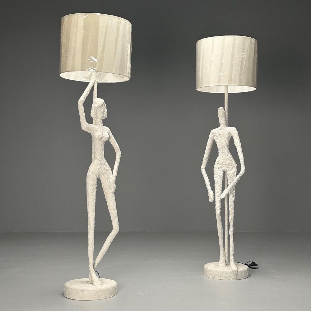 Giacometti Inspired, Contemporary, White Floor Lamps, Plaster, Wood, 2024