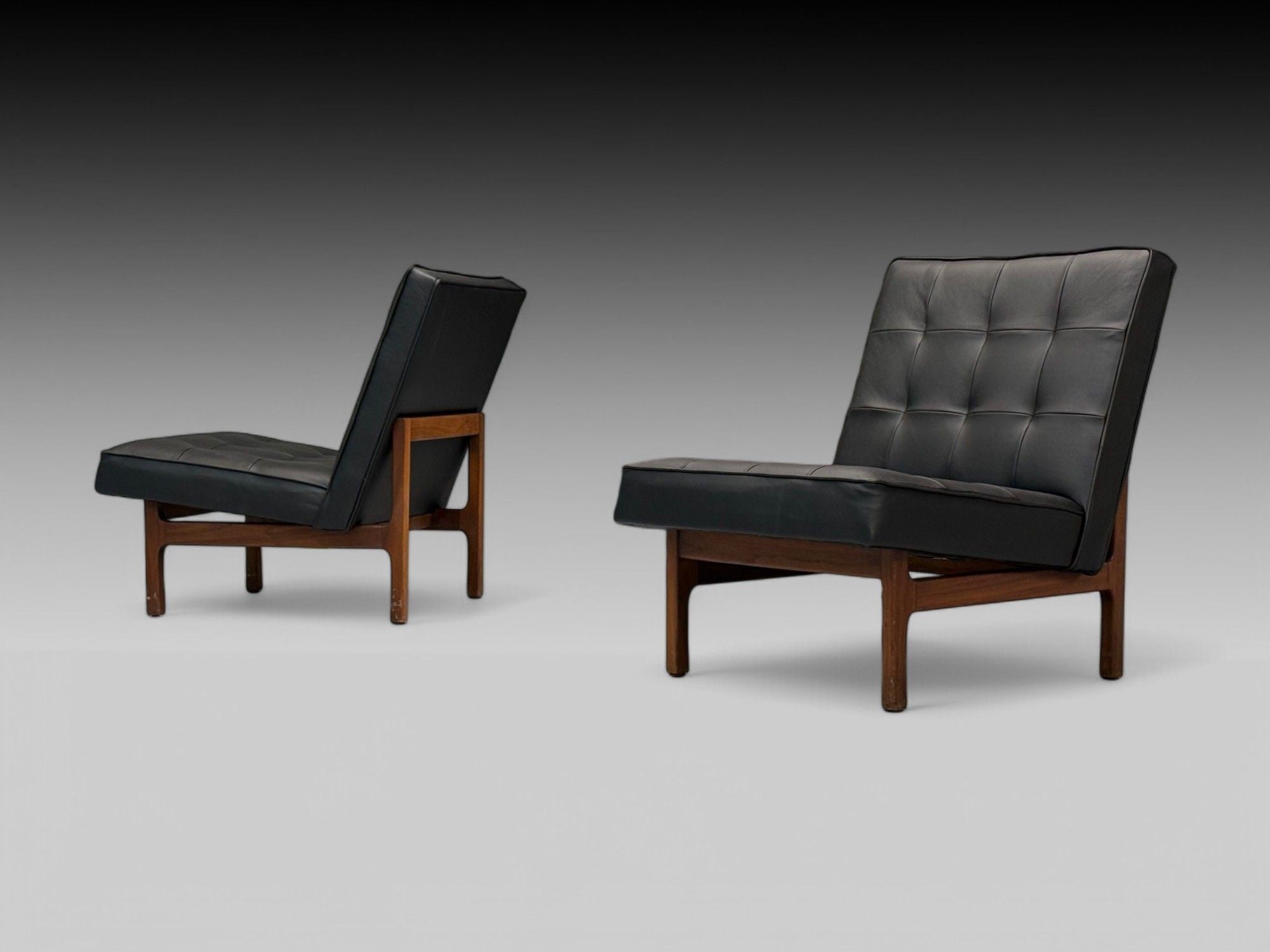 Thayer Coggin, Danish Modern Style, Tufted Black Leather, Lounge Chairs, 21st C.