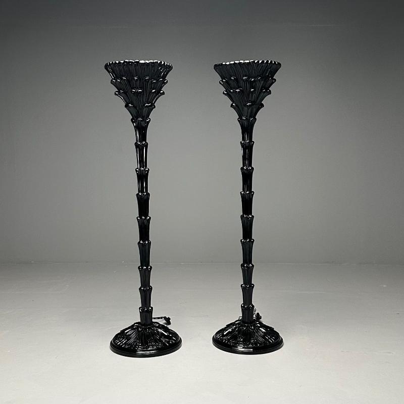 Serge Roche Style, Mid-Century Modern, Palm Leaf Floor Lamps, Black Lacquer