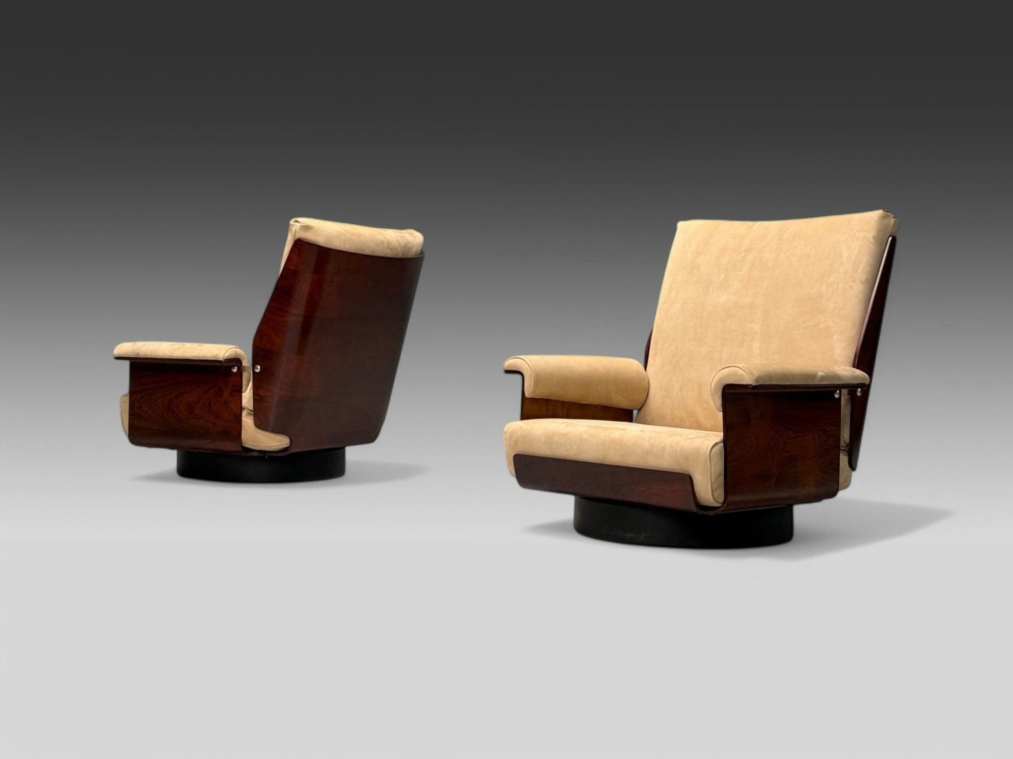 Bernard Brunier, French Mid-Century Modern, Rosewood, Suede, Low Lounge Chairs