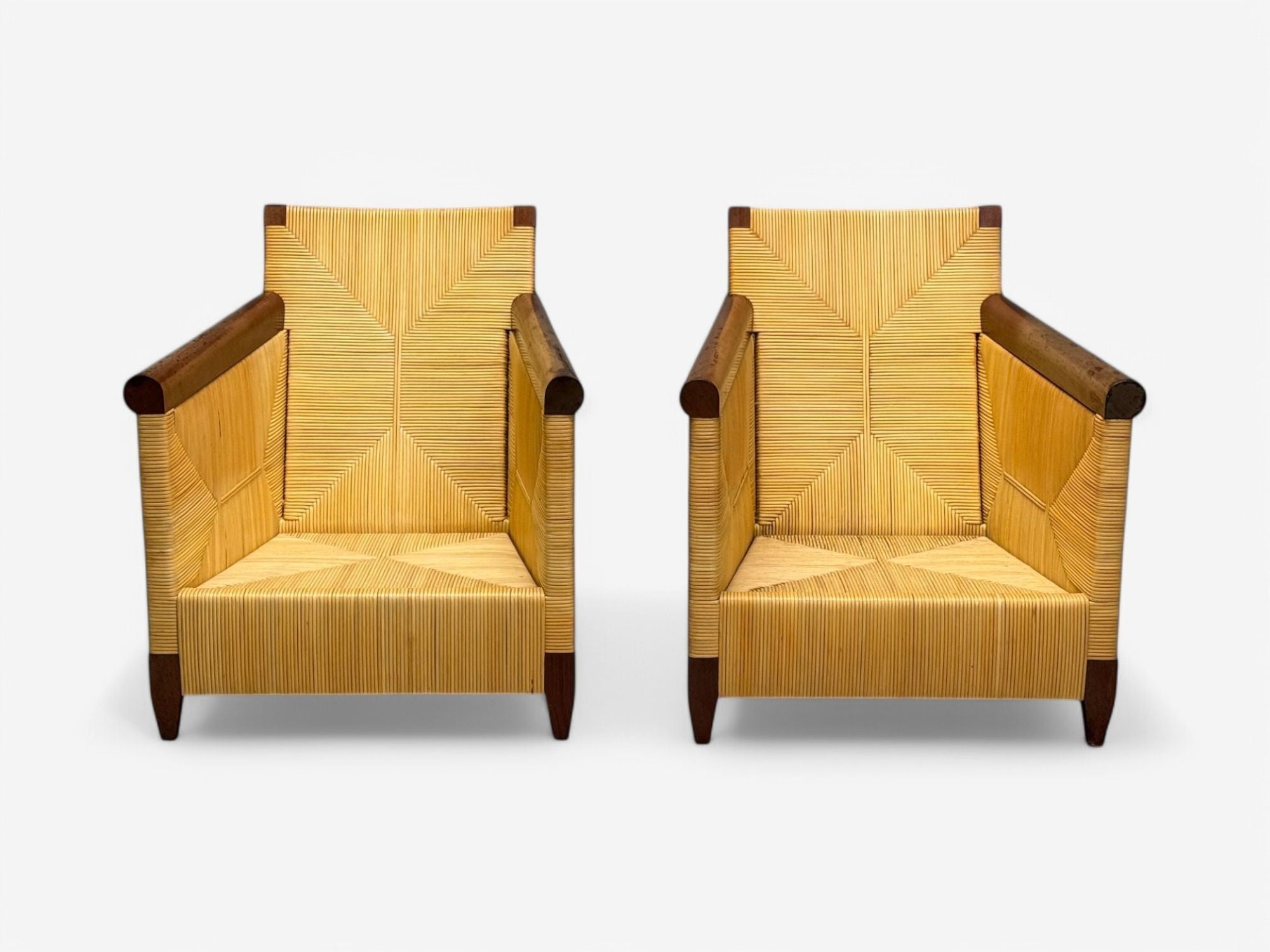 John Hutton, Donghia, Mahogany, Wicker Cane, Merbau Lounge Chairs, USA, 1995