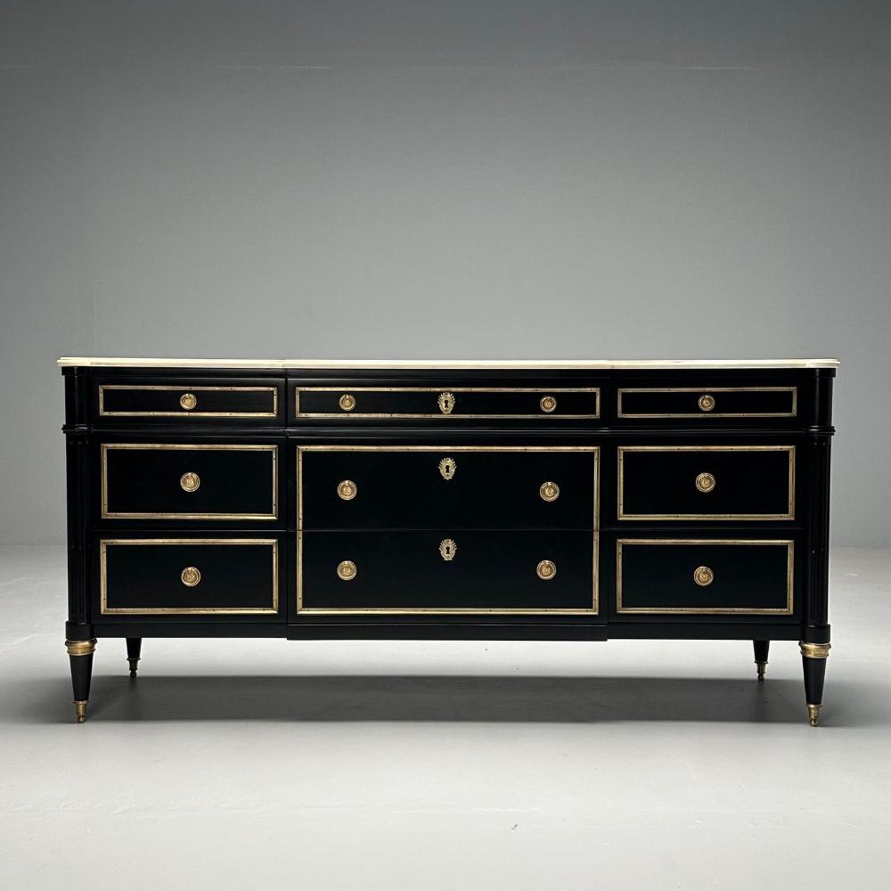 Maison Jansen, Hollywood Regency, Large Commode, Black Wood, Marble, 1940s