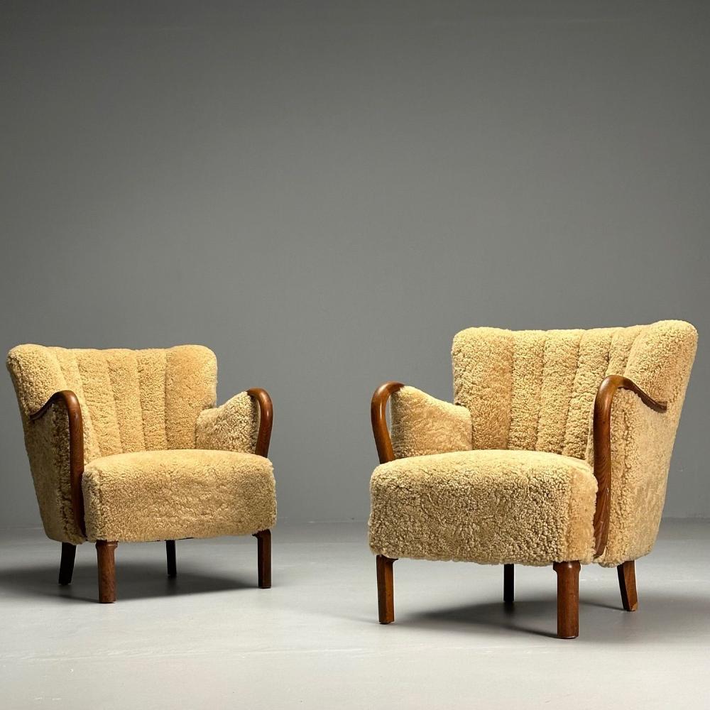 Alfred Christensen, Danish Mid-Century Modern, Lounge Chairs, Sheepskin, Oak