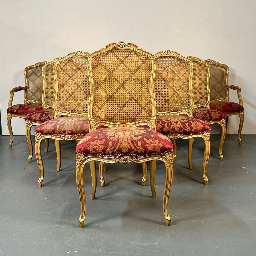 Set of Ten Louis XV Style Dining / Side Chairs, Clayed Gilt and Cane, French