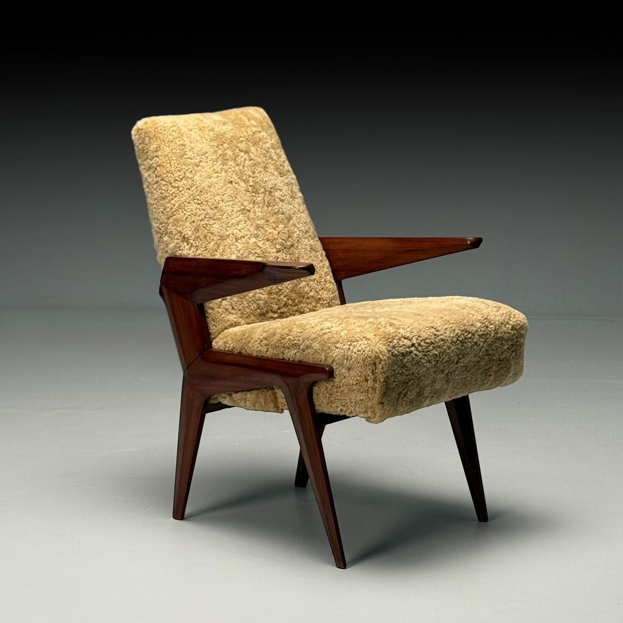 Vittorio Dassi Attr, Italian Mid-Century Modern Armchair, Honey Shearling, 1950s