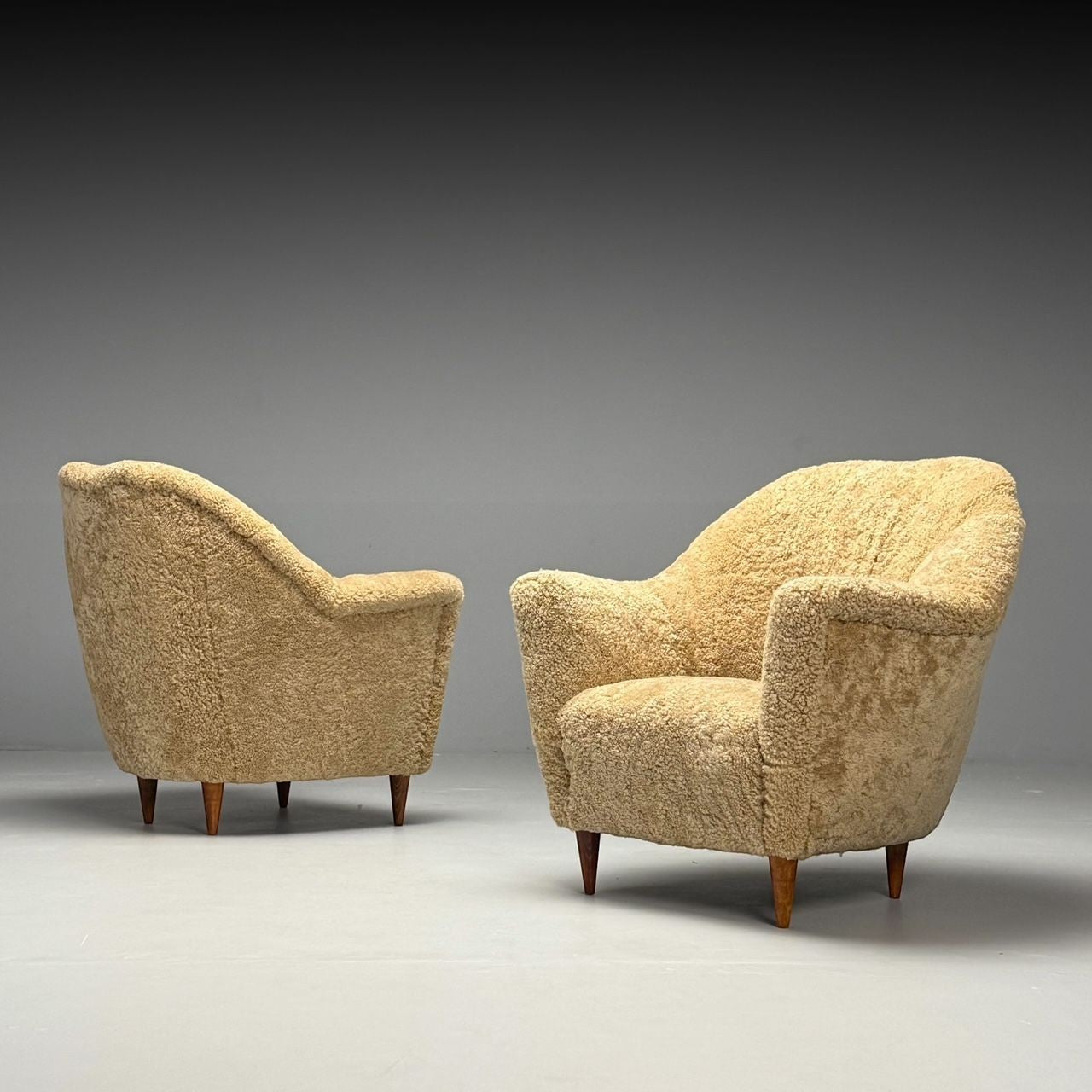 Italian Mid-Century Modern, Lounge Chairs, Honey Shearling, Stained Wood, 1950s