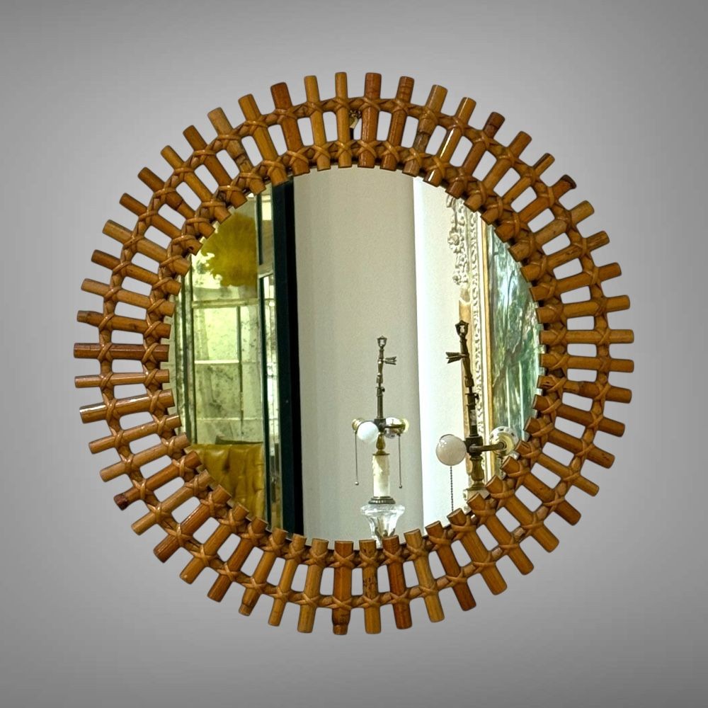 Italian Mid-Century Modern, Small Wall Mirror, Rattan, Bamboo, Italy, 1960s