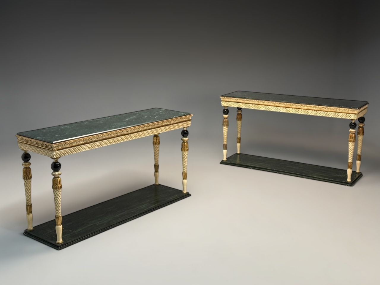 Maison Jansen Neoclassical Style Console Tables, Carved Wood, Green Marble