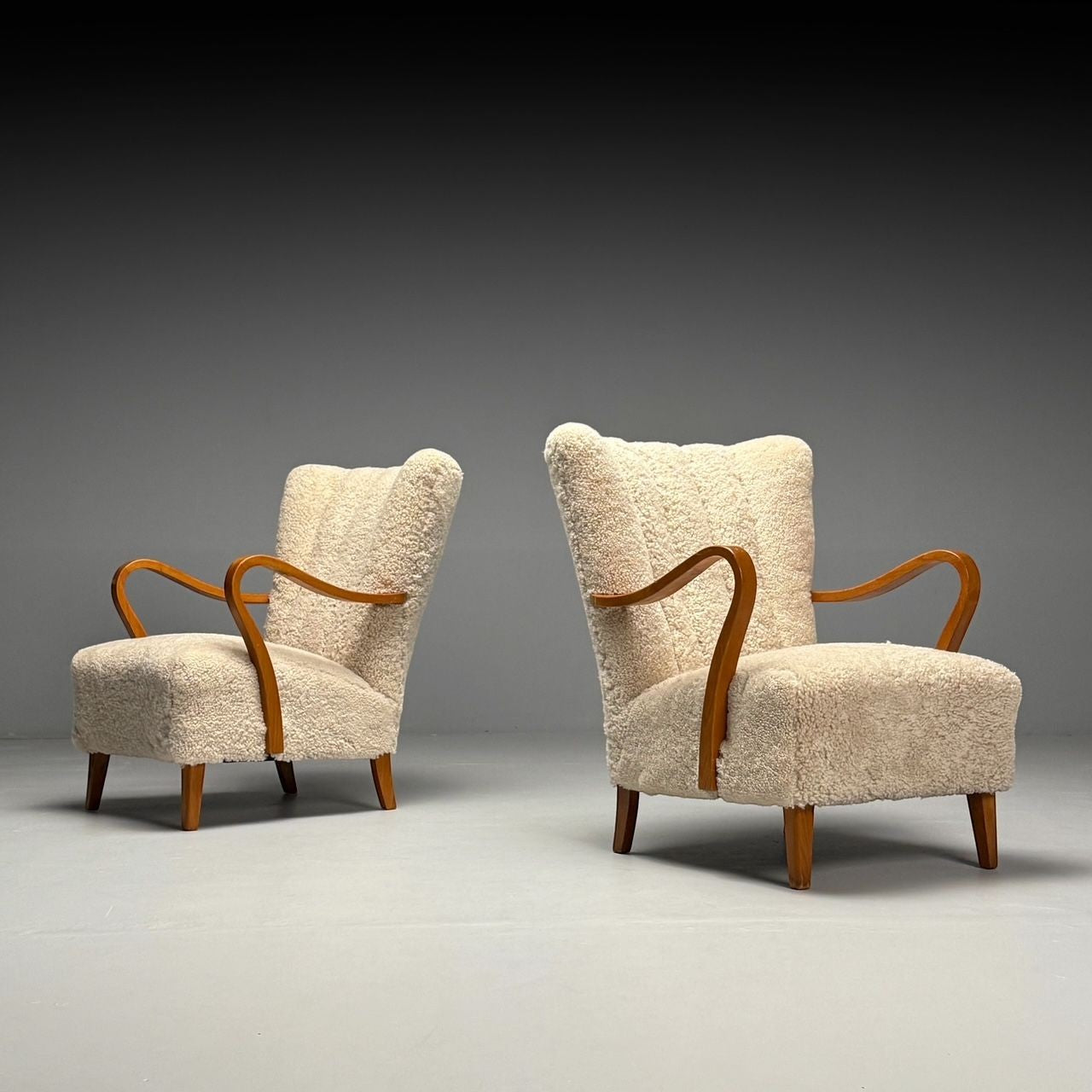 Swedish Mid-Century Modern, Lounge Chairs, Beige Sheepskin, Oak, Sweden, 1940s