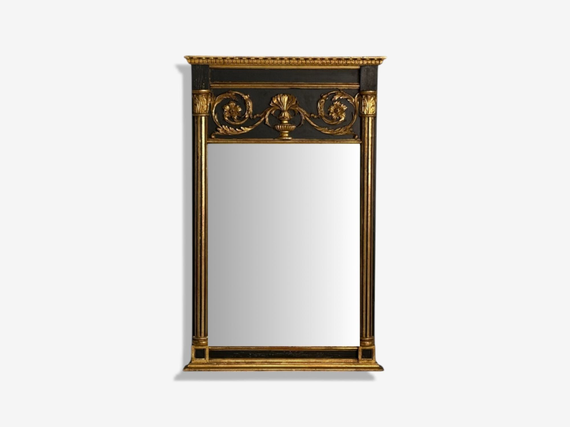 Neoclassical Style, Trumeau Mirror, Black Painted Wood, Giltwood, Italy, 20th C.