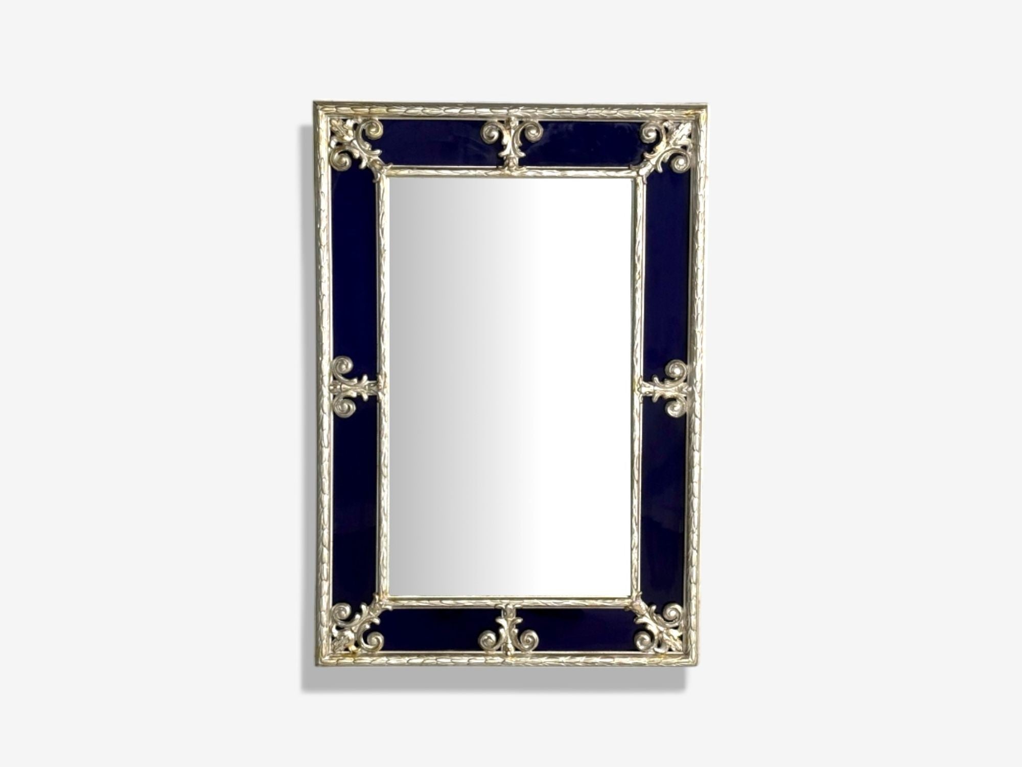 Hollywood Regency Style, Small Mirror, Cobalt Blue Glass, Silver Leaf, 1980s