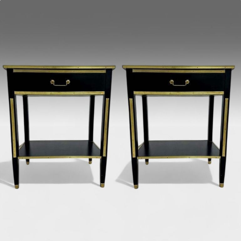 Maison Jansen Style, Hollywood Regency, Nightstands, Black Painted Wood, Brass