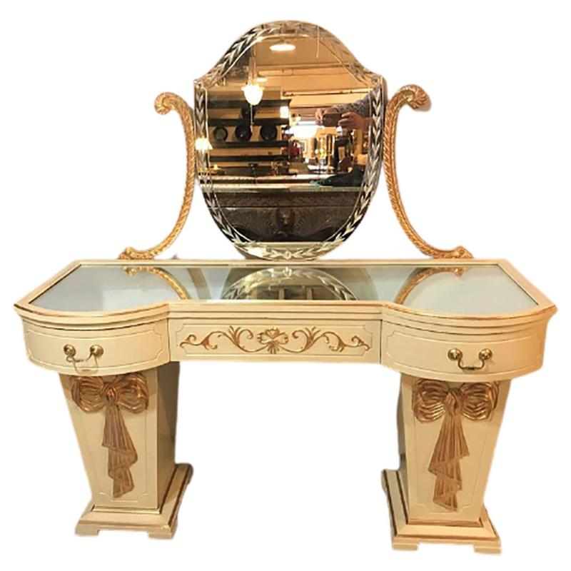 Hollywood Regency Grosfeld House Parcel Paint and Gilt Decorated Vanity or Desk