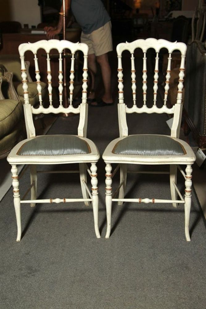 Gustavian, Dining Chairs, Spindle Back, White Paint, Giltwood, Blue Fabric