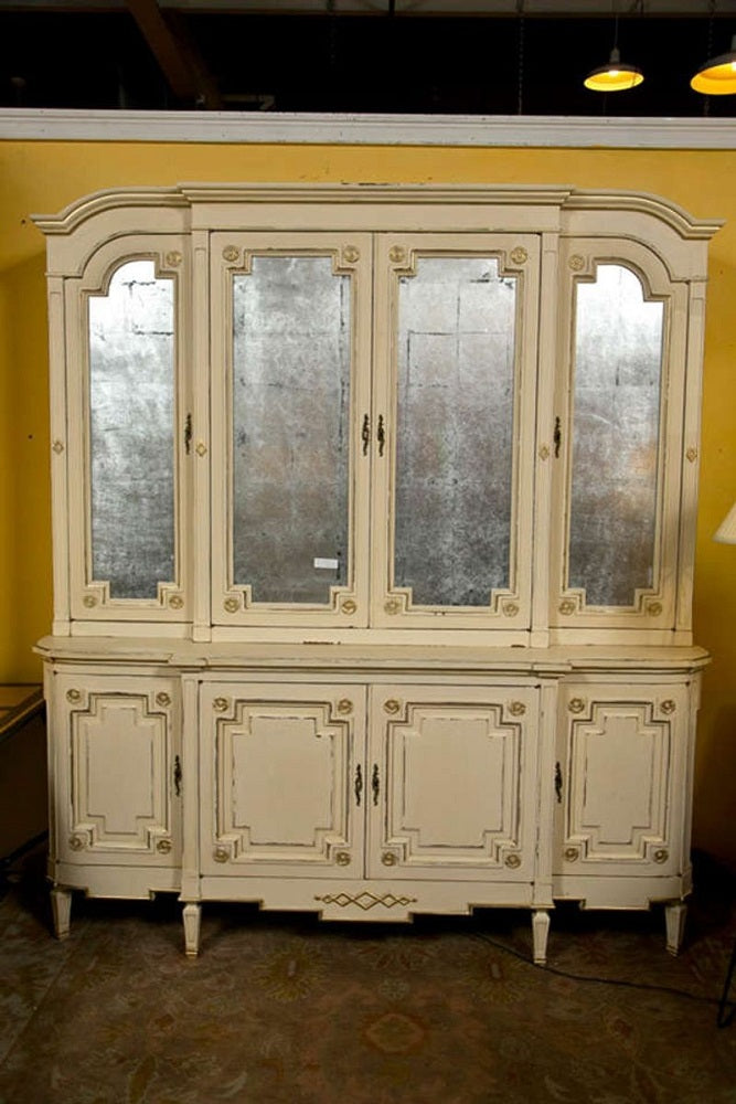 Maison Jansen Ivory Distress Painted Gilt Gold Decorated Bookcase / Cabinet