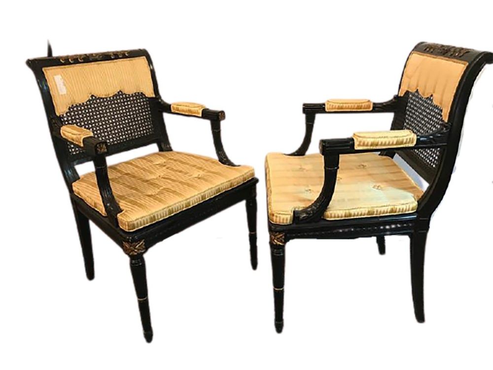 Hollywood Regency Pair of Ebony and Gilt Gold Armchairs Attributed Maison Jansen