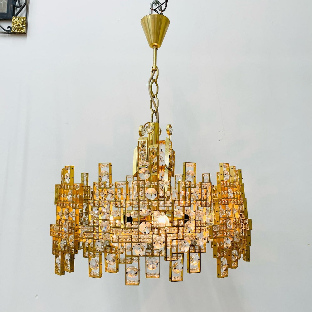 Italian Mid-Century Modern Chandelier / Pendant, Brass City by Gaetano Sciolari