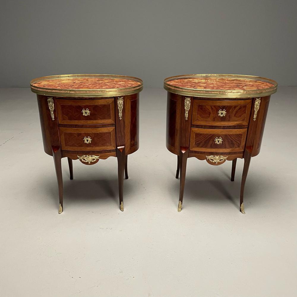 French Louis XV, Side Tables, Marquetry, Marble, Brass, France, 1930s