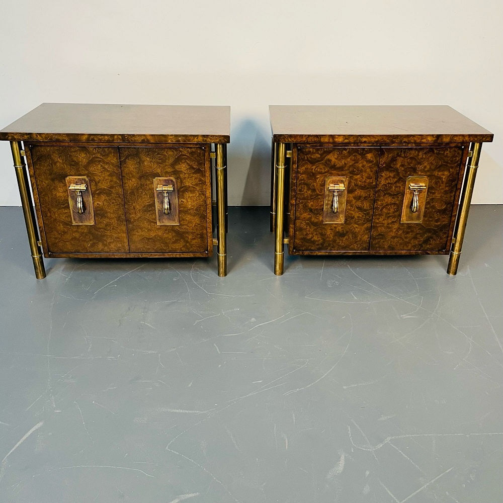 Pair Mid-Century Modern Mastercraft Nightstands, Floating Cabinets in Elm, Brass