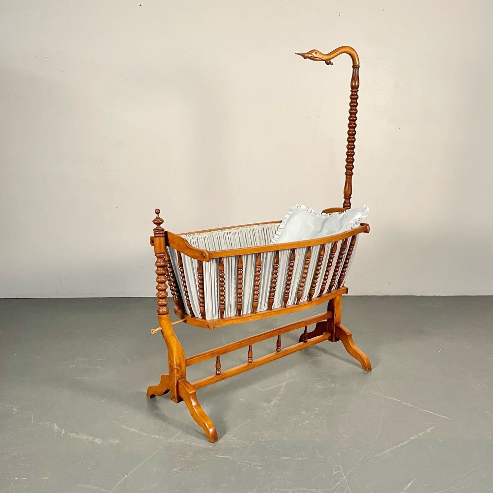 French Spindled 19th Century Walnut Decorative Cradle, Swan Motif