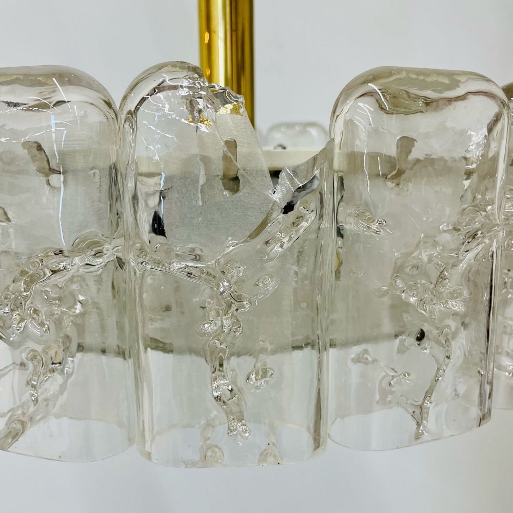 Small Circular German Mid-Century Modern Ice Glass Chandelier / Pendant, 1970s