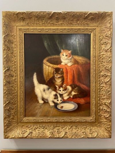 19th/20th Century Oil Painting of Kittens in a Basket at Feeding Time