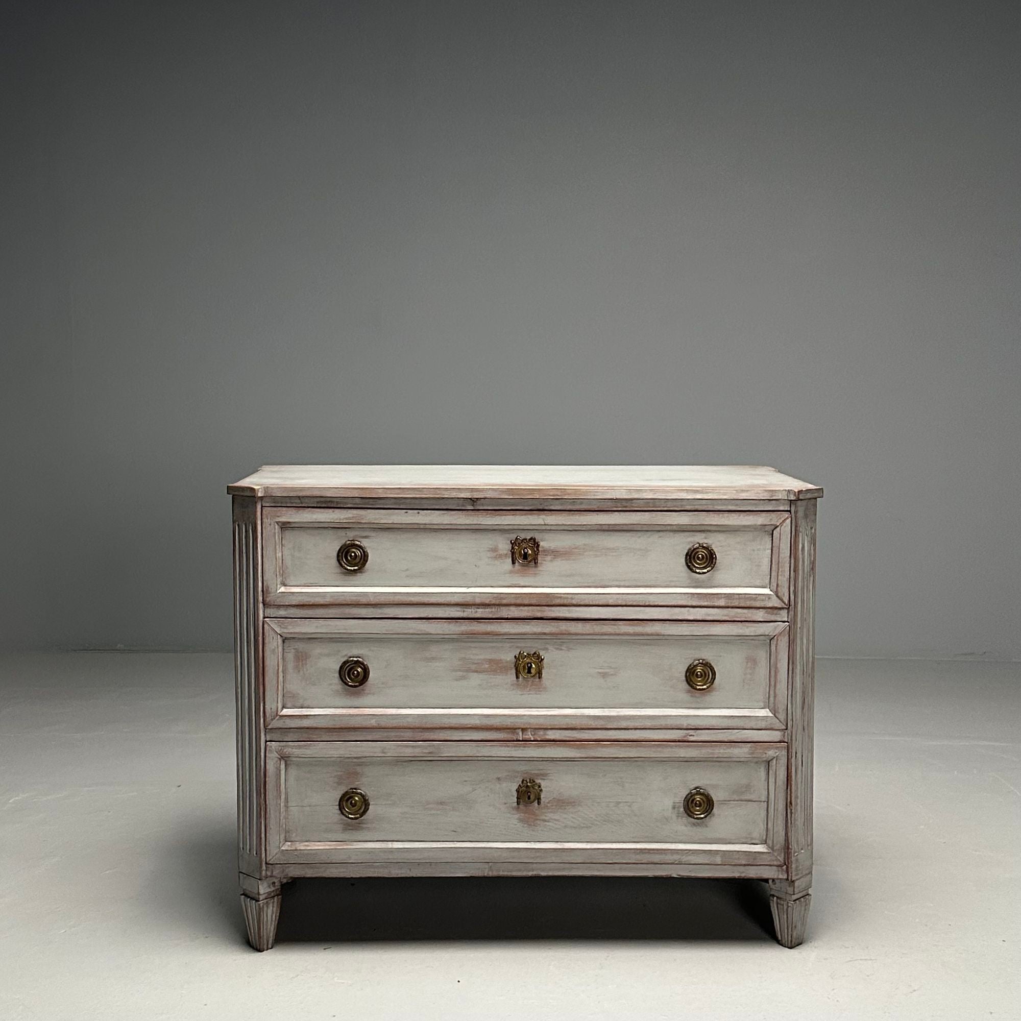 Gustavian, Swedish Commode, Gray Paint Distressed, Brass, Sweden, 1800s