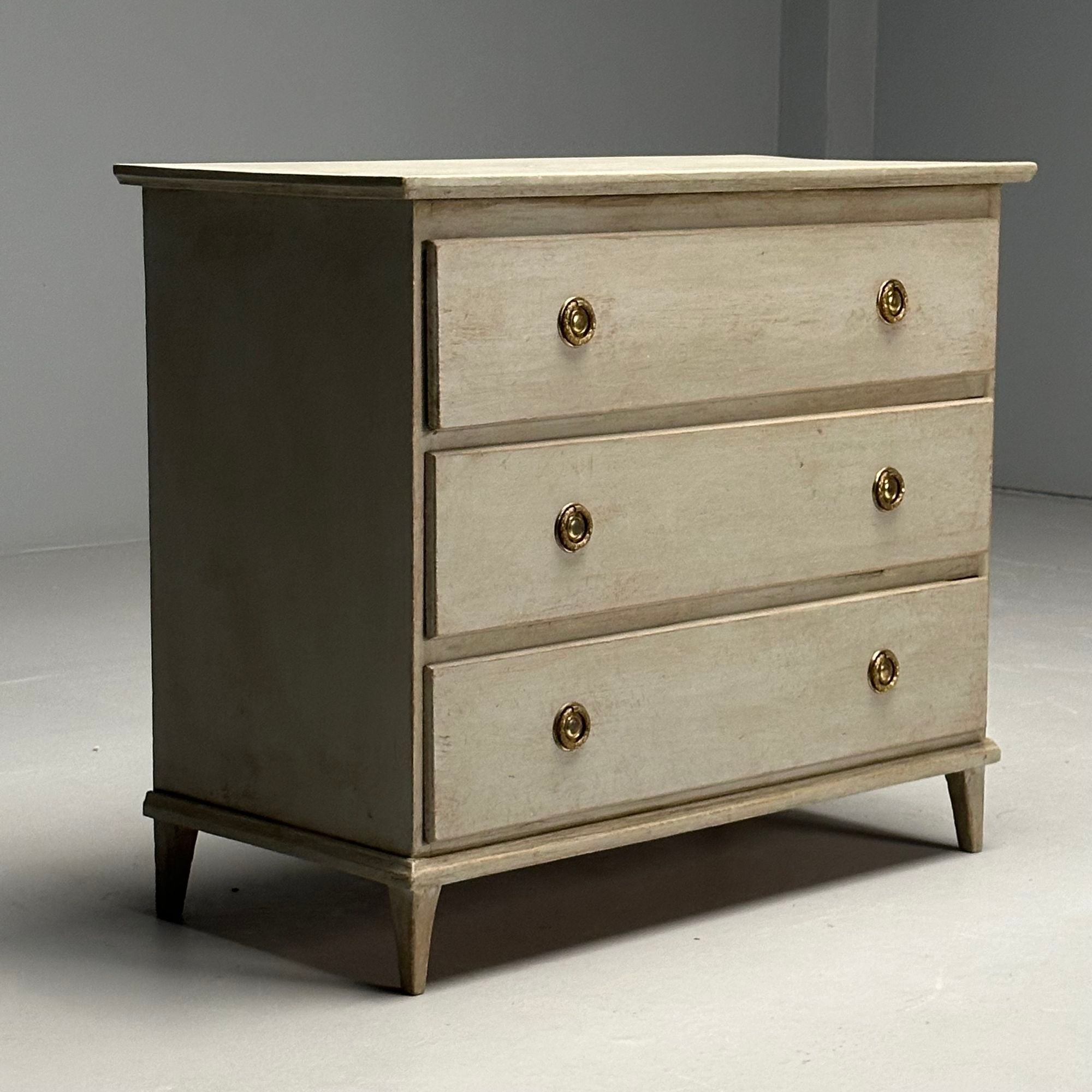 Gustavian, Swedish Commode, Grey Paint Distressed, Brass, Sweden, 1940s