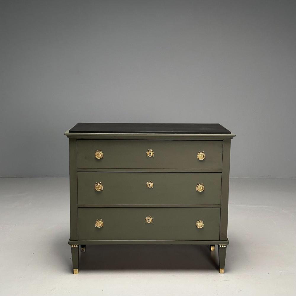 Gustavian, Swedish Commode, Green Paint, Pinewood, Brass, Sweden, 1970s