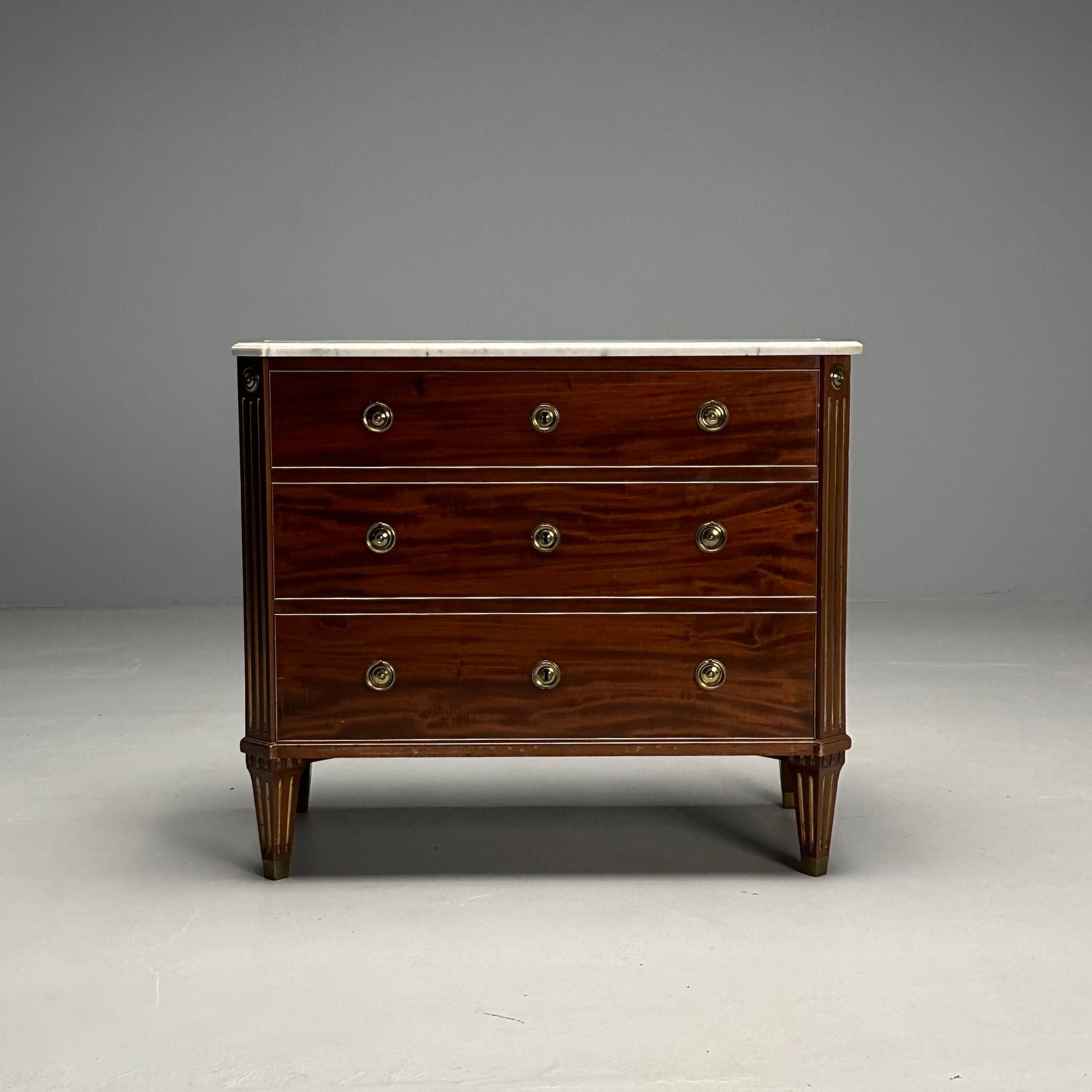 Gustavian, Louis XVI Style, Swedish Chest, Walnut, Brass, Marble, Sweden, 1960s