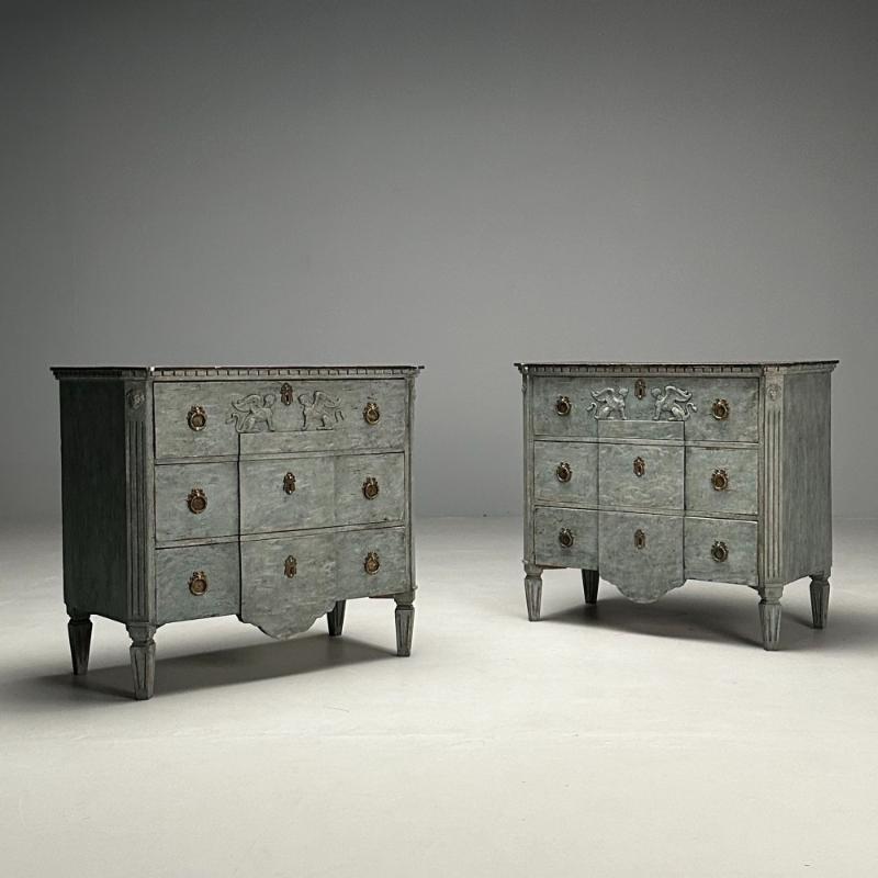 Gustavian, Swedish Commodes, Blue Paint Distressed, Brass, Sweden, 19th C.