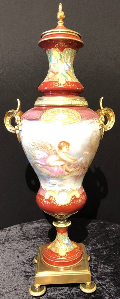 Sevres Spinning Urn Vase Having a Maiden & Cherub Painting Signed Lingaand