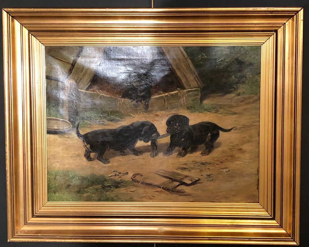 Oil on Canvas "Dachshund Puppies at Play" by Simon Ludvig Ditlev Simonsen