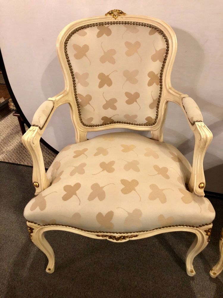 Pair of French Louis XV Style Parcel-Gilt and Paint Decorated Bergere Chairs