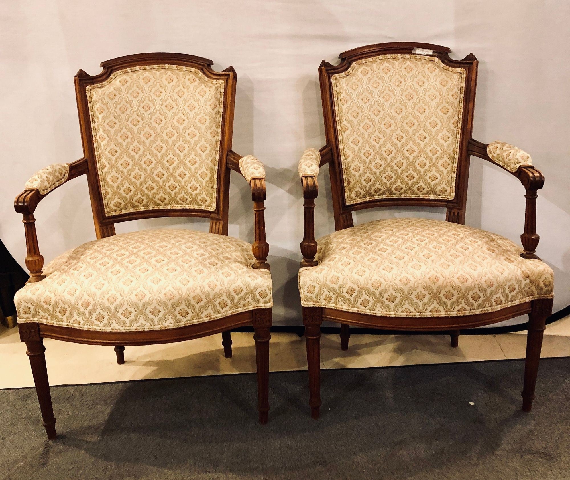 Pair of French Custom Louis XVI Style Carved Bergere, Office or Armchairs