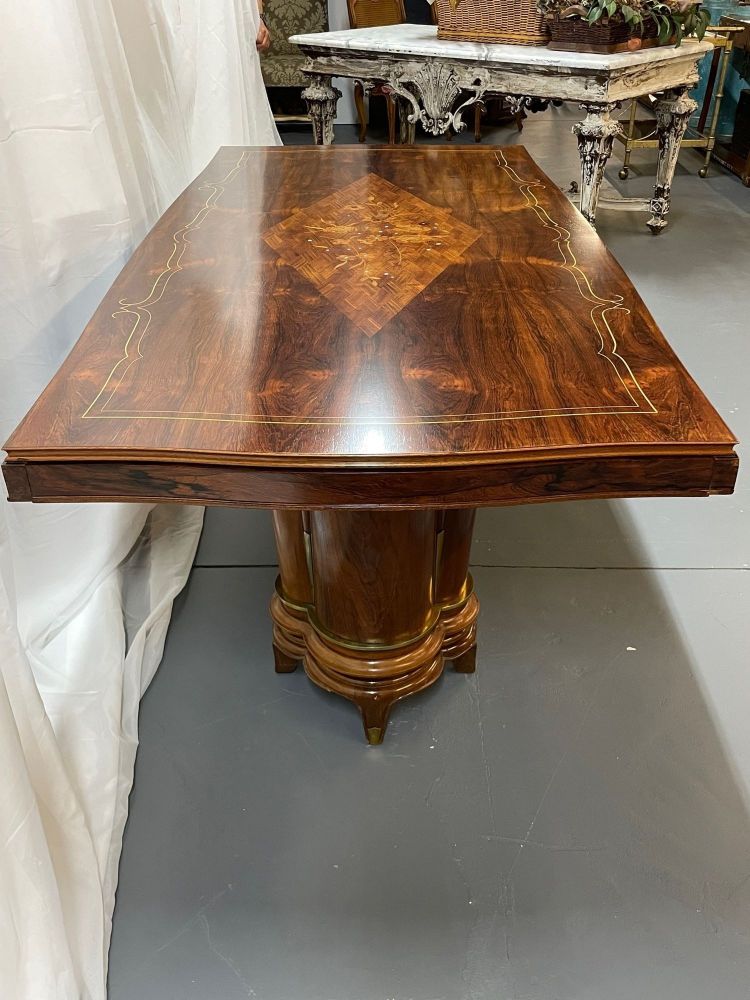 French Art Deco Dining Table by Jules Leleu, Refinished, Double Pedestal