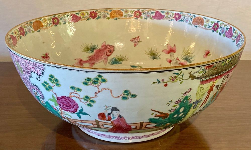 19th Century Famille Rose Chinese Export Punch, Koi Decorated